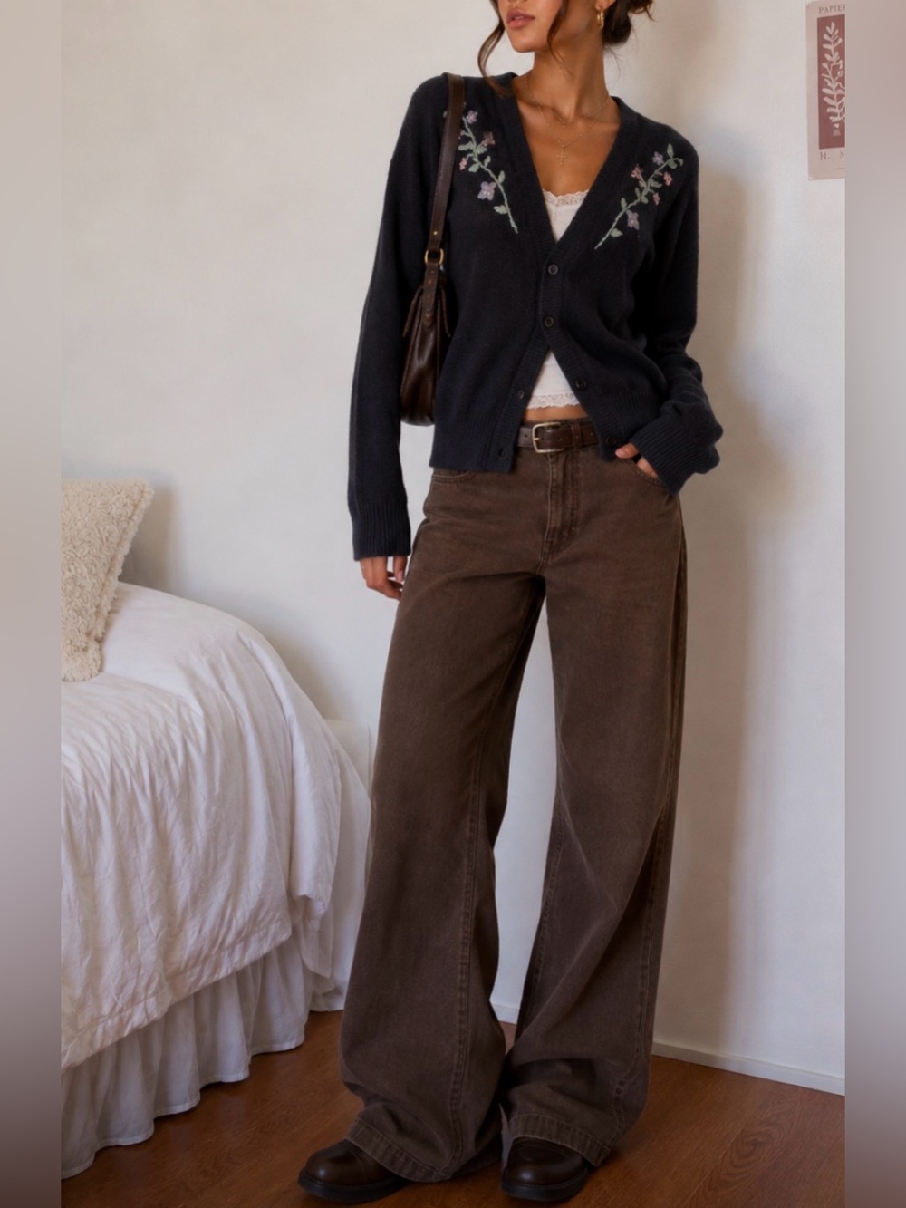 Vintage 1990-2000s Floral Embroidered Black Cardigan Sweater